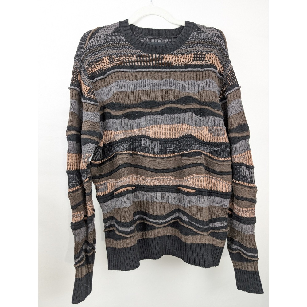Coogi Style 3D Knit Crewneck Sweater Size M Brown Striped Retro Funky Cottage - Picture 2 of 12